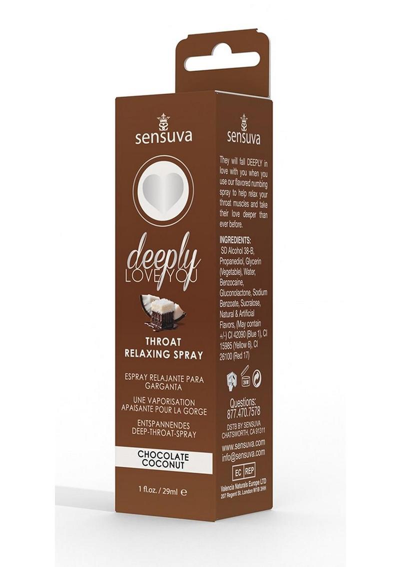 Deeply Love You Throat Relaxing Spray Chocolate Coconut 1oz bottle in packaging 