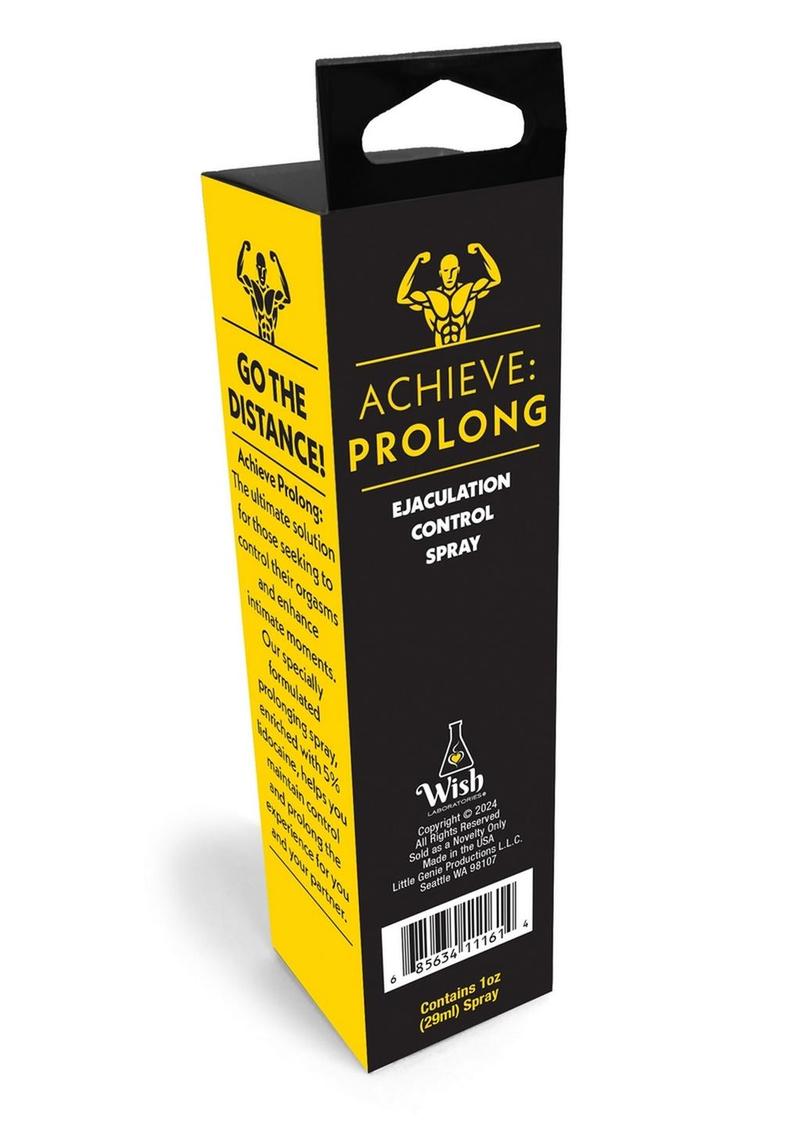 backside of Achieve Prolong Ejaculation Control Spray as seen inside of packaging