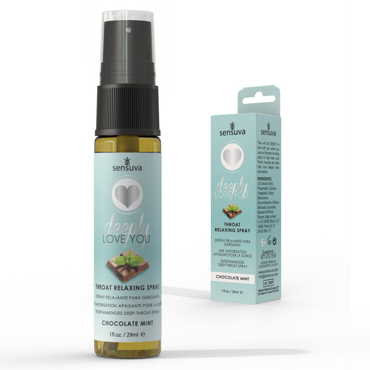 Deeply Love You Throat Relaxing Spray packaging and bottle - chocolate mint