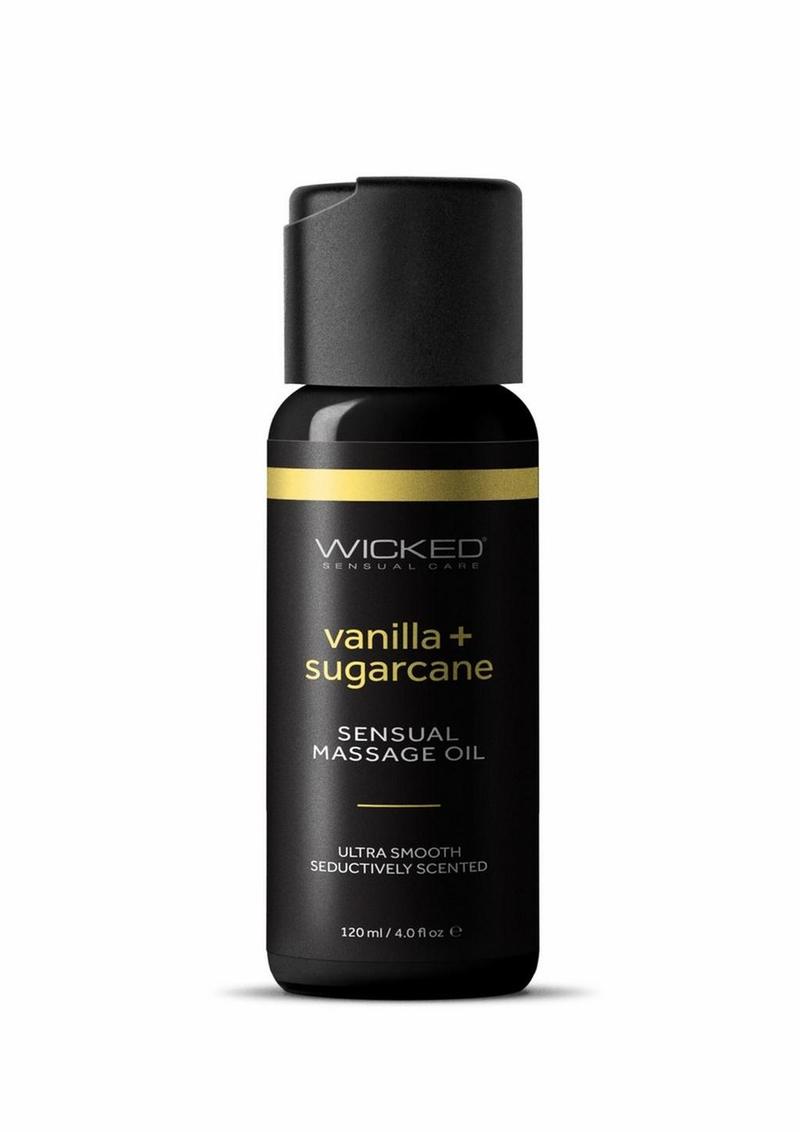 wicked sensual vanilla and sugarcane massage oil in black bottle, front