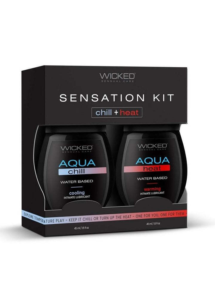 frontside of Wicked Sensual Warming/Cooling Water based Lubricant Sensations Kit in packaging 