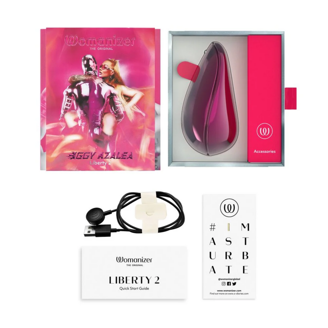 Iggy Azalea packaging and contents for Womanizer Liberty 2 Iggy Azalea Rechargeable Silicone Clitoral Stimulator