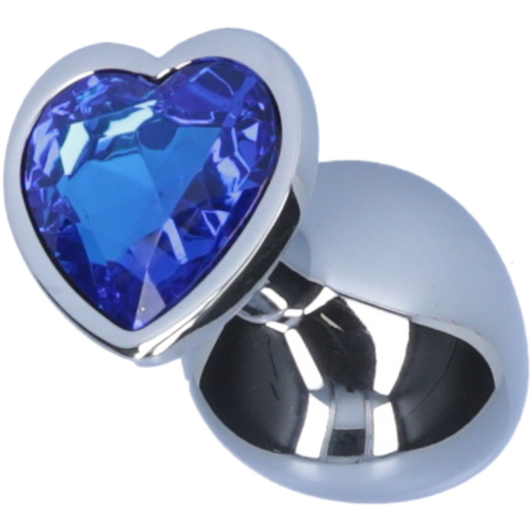 Image of butt plug laying on its side, showing the blue heart jewel on the bottom.