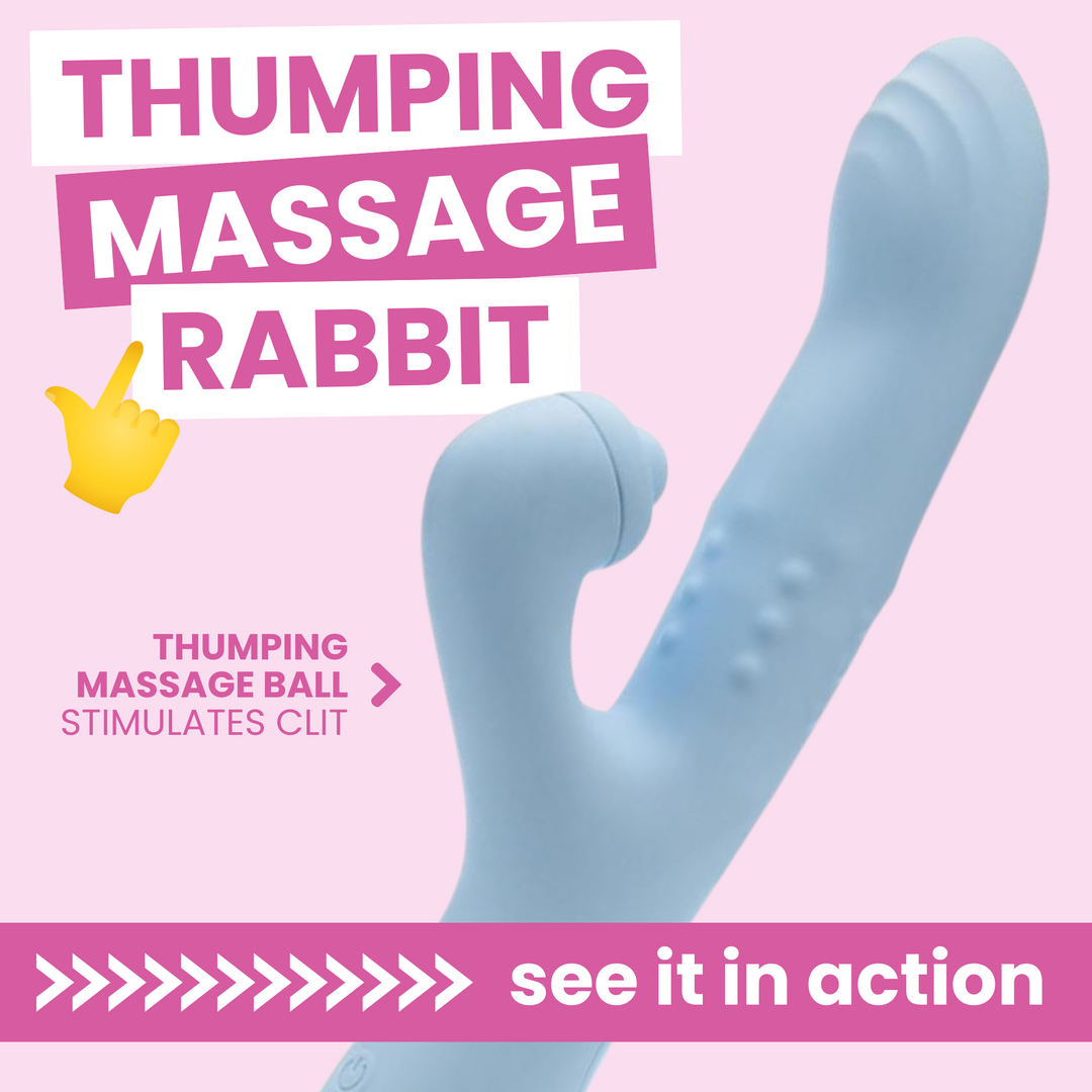 THUMPING MASSAGE RABBIT. THUMBING BALL STIMULATES CLIT. SEE IT IN ACTION. 