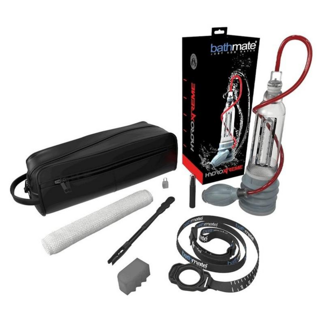 7 inch HydroXtreme Penis Pump as seen with accessories laying around it