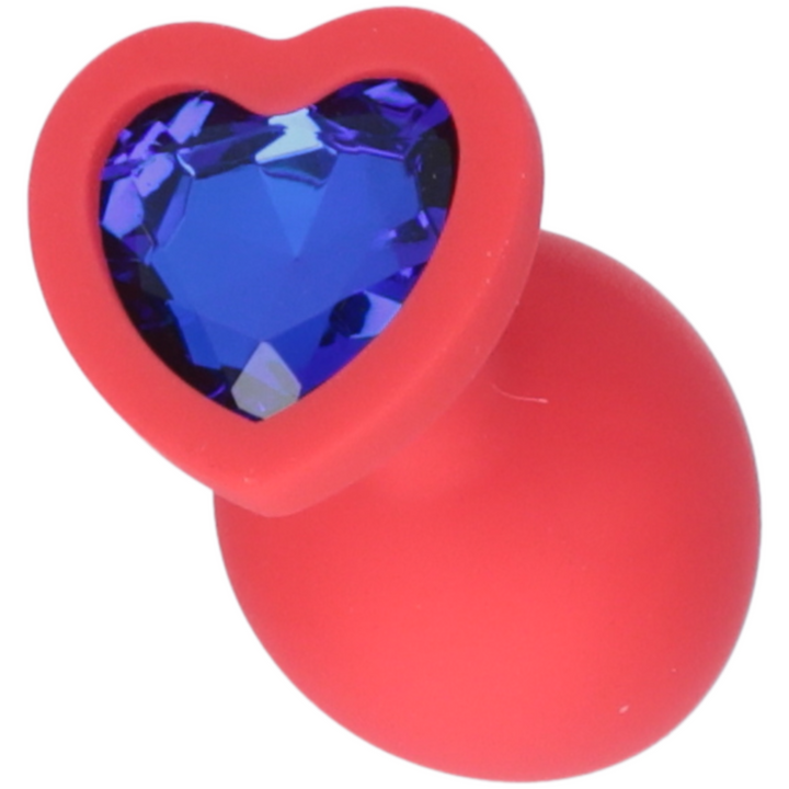 Picture of the red butt plug, showing the blue heart jewel.