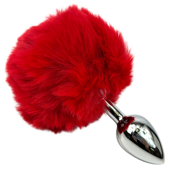 Red bunny tail metal anal plug