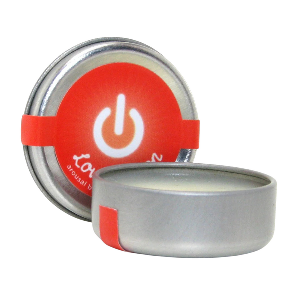 Earthly Body Hemp Seed Love Button Cooling Arousal Balm and Sensual Enhancer Tin outside of packaging