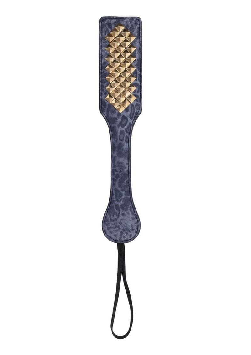 blue leopard leather paddle with gold studs 