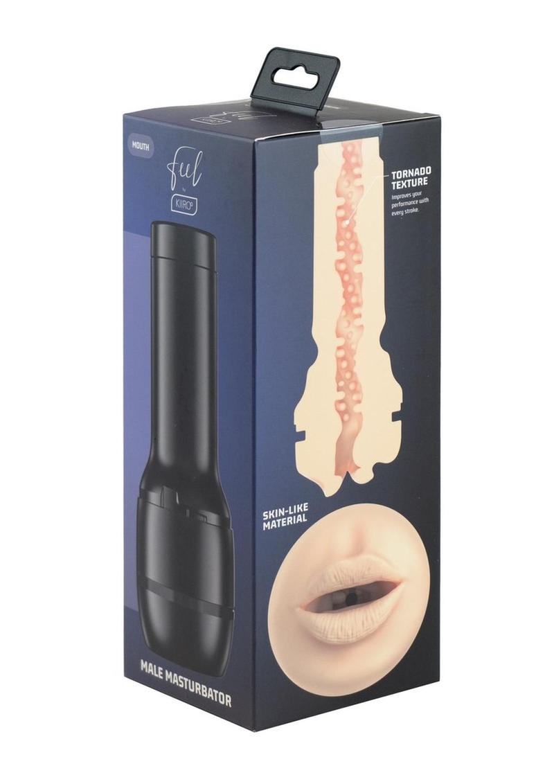 Male masturbator device with mouth opening, as seen in box. 