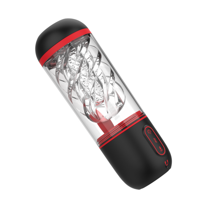 Black and red Vibrating/Sucking Masturbator w/ Voice Mode and suction cup base