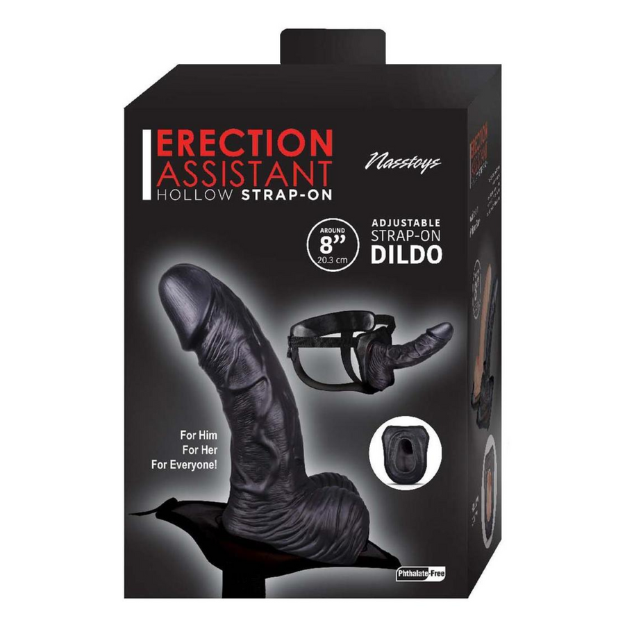 Erection Assistant Hollow Strap-On 8in - Black, as seen inside of packaging