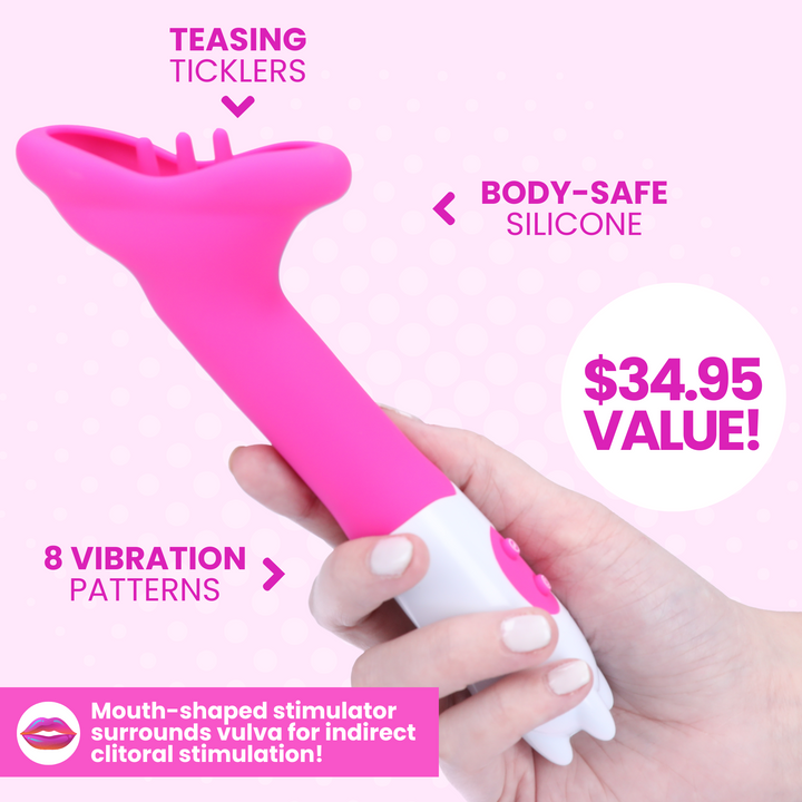 Tease beginner clit vibrator. Body-safe silicone, 8 vibe patterns, teasing ticklers. Mouth-shaped stimulator surrounds vulva. $34.95 value