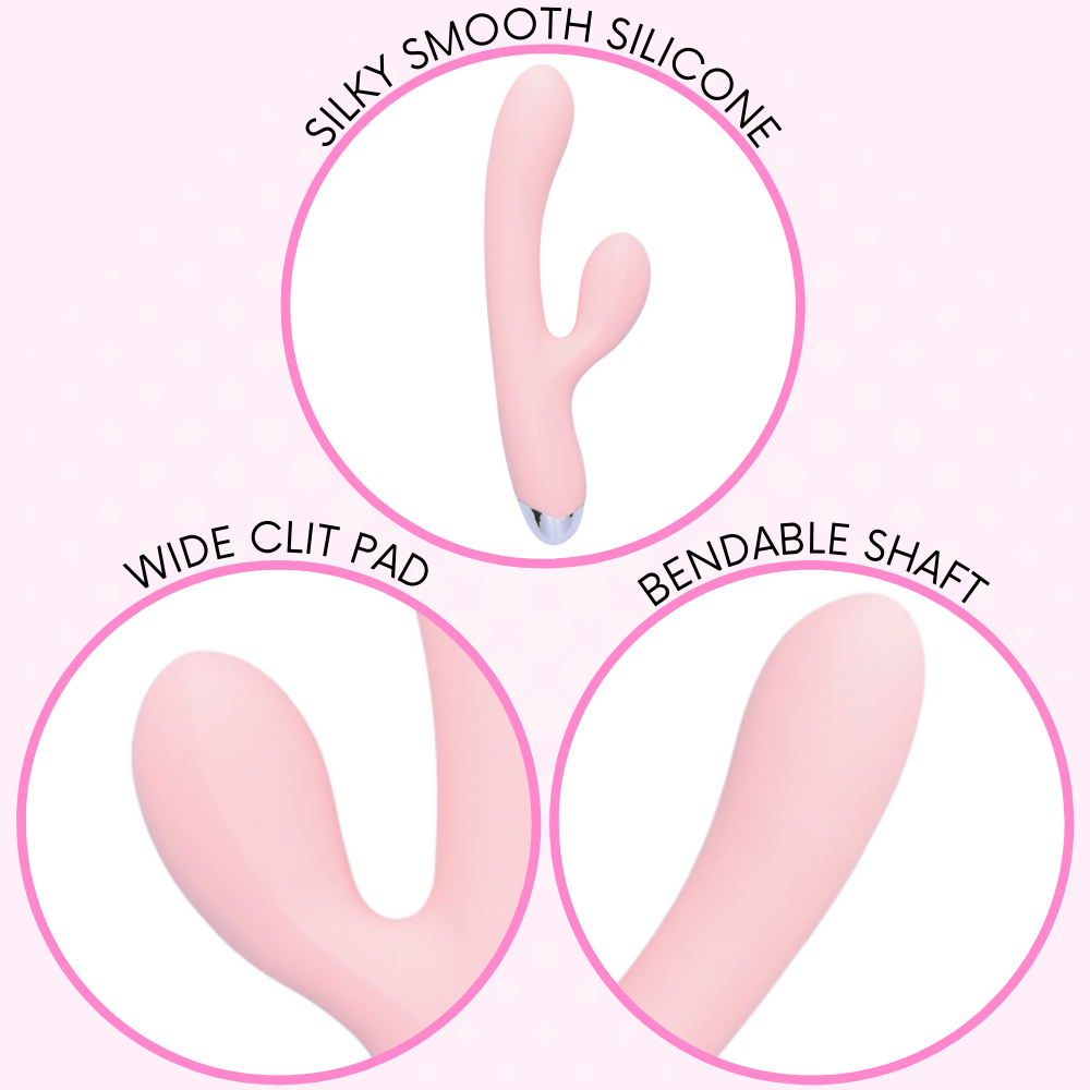 three pictures of pink silicone rabbit vibrator