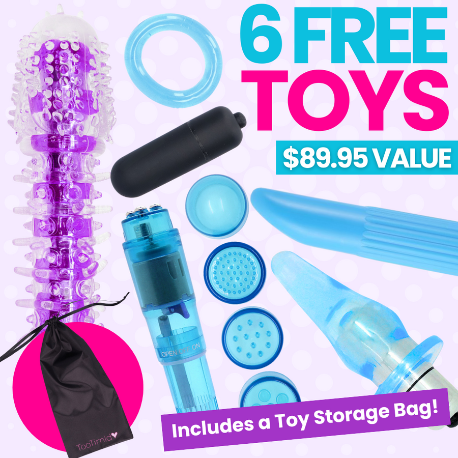 6 Free Toys! 6.75 Inch Jelly vibe, #1 selling clit vibe, cock ring, vibrating anal plug, pinpoint g-spot vibe, mini power bullet. Includes toy storage bag