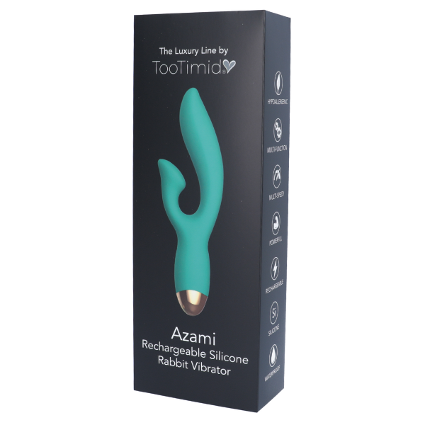 The Azami Rechargeable Silicone Rabbit vibrator as seen in TooTimid packaging 