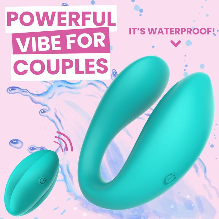 dual action vibe for couples in teal with remote. it's waterproof