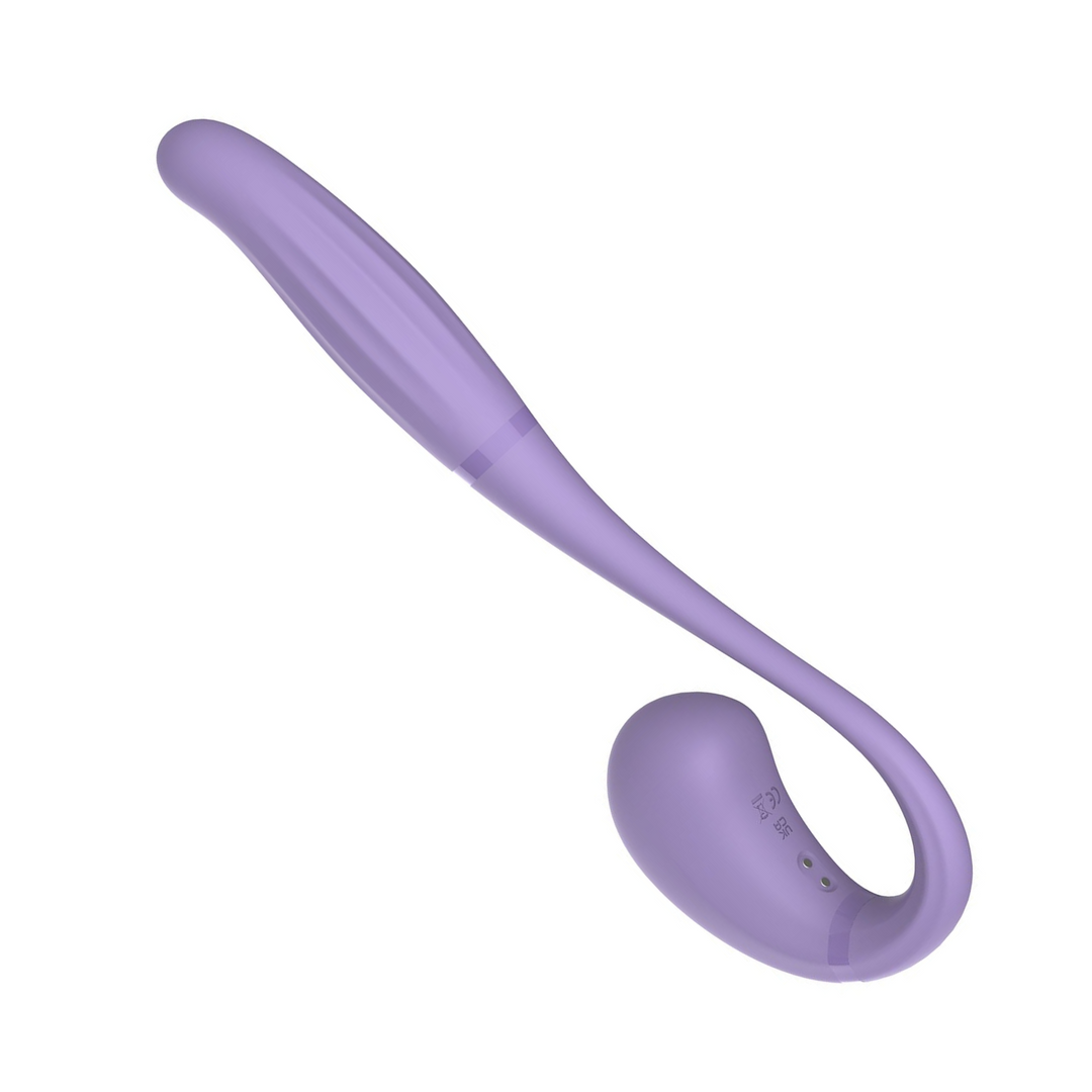 purple dual end vibrator, air pulse on one side, thrusting vibrator on the other. showing charging port