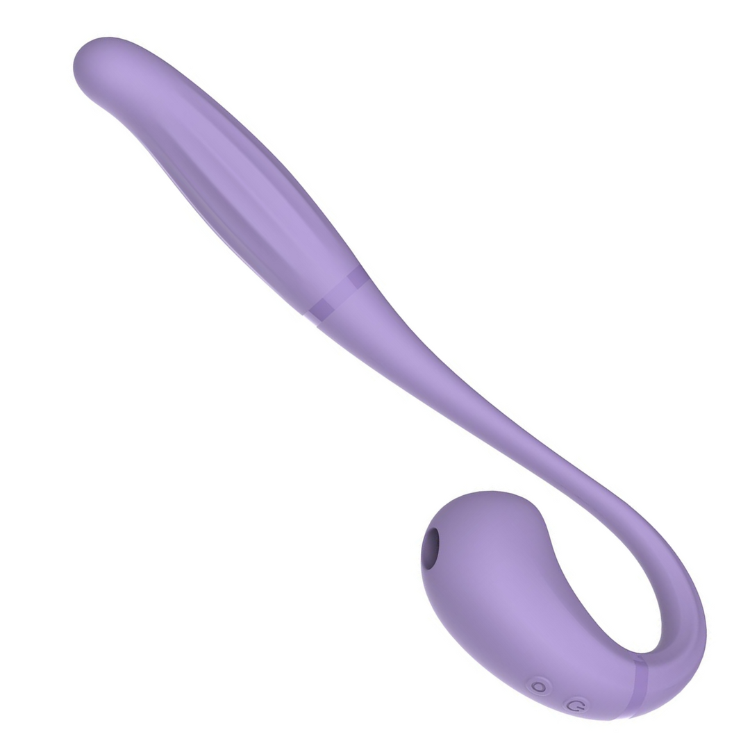 purple dual end vibrator, air pulse on one side, thrusting vibrator on the other. showing buttons.