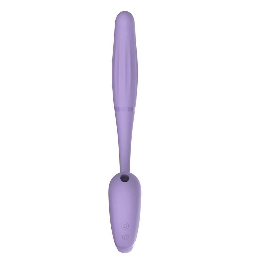 purple dual end vibrator, air pulse on one side, thrusting vibrator on the other. front view