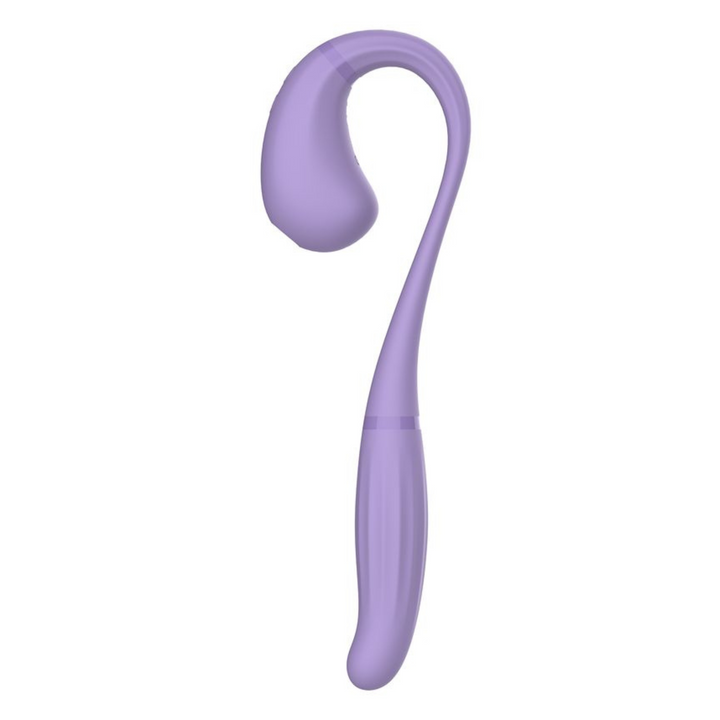 purple dual end vibrator, air pulse on one side, thrusting vibrator on the other. side view.