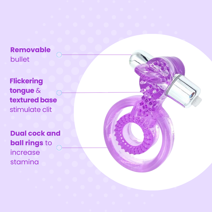 Removable bullet, Flickering tongue & textured base stimulate clit, Dual cock and ball rings to increase stamina 