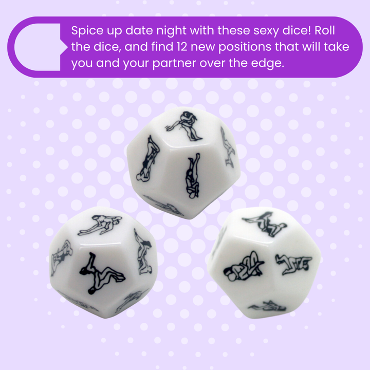 Spice up date night with these sexy dice! Roll the dice, and find 12 new positions that will take you and your partner over the edge. 
