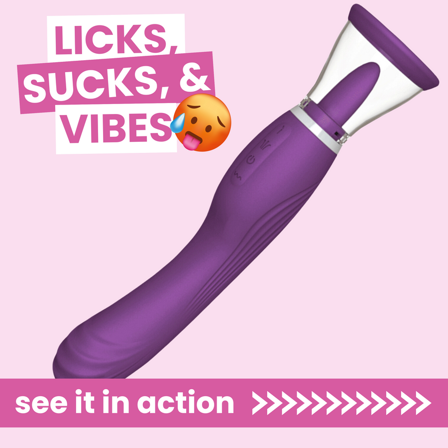 licks, sucks, and vibes. see it in action. purple dual ended vibrator