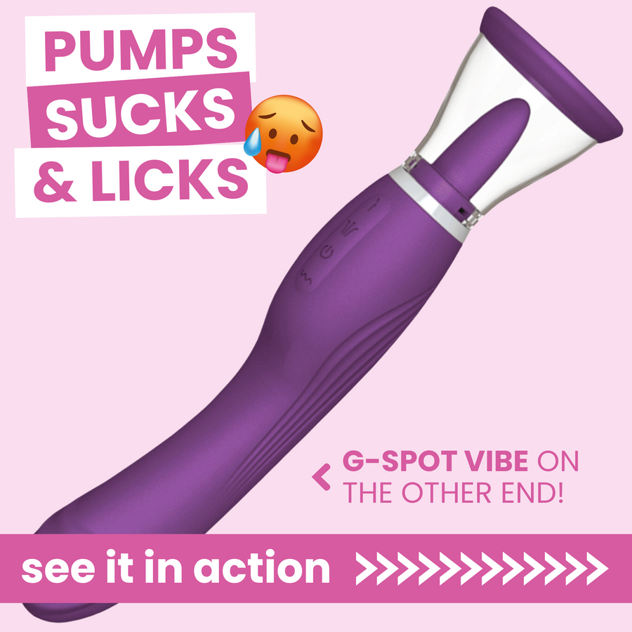 Pumps, sucks, and licks. see it in action. purple dual ended vibrator. G-SPOT VIBE ON THE OTHER END!