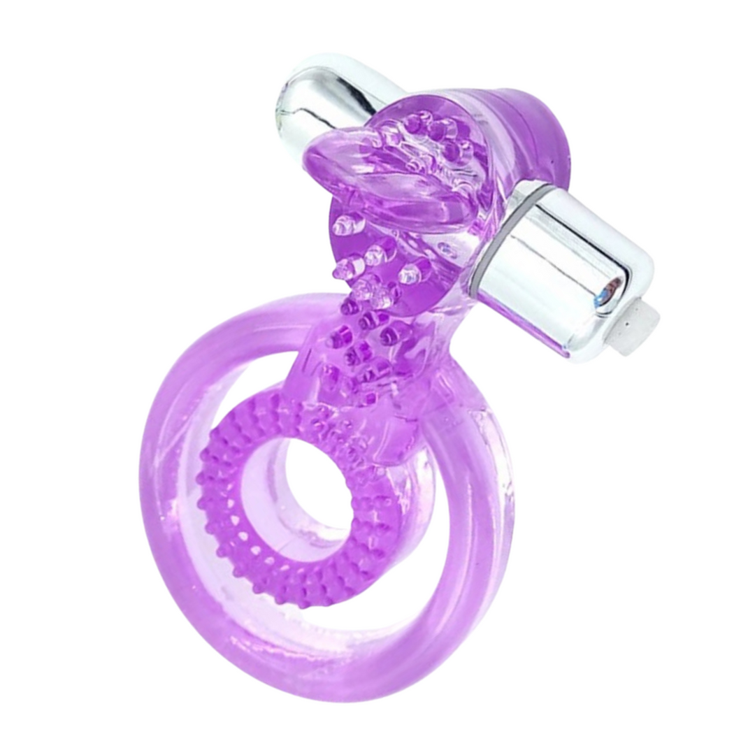 purple dual cock ring with tongue and vibrating silver bullet