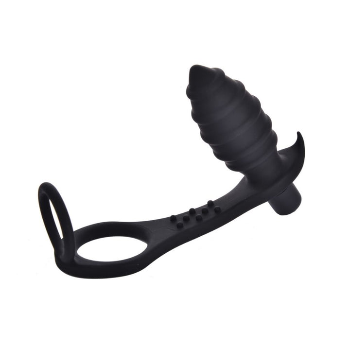 Rippled Vibrating Anal Plug with Cock Ring view from the side.