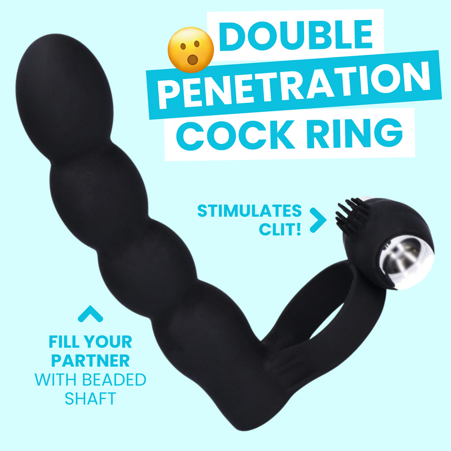 black double penetration cock ring with beaded shaft 