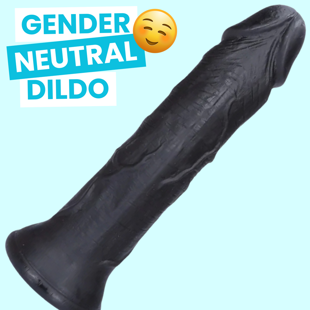 Black gender neutral dildo with blue background behind it 