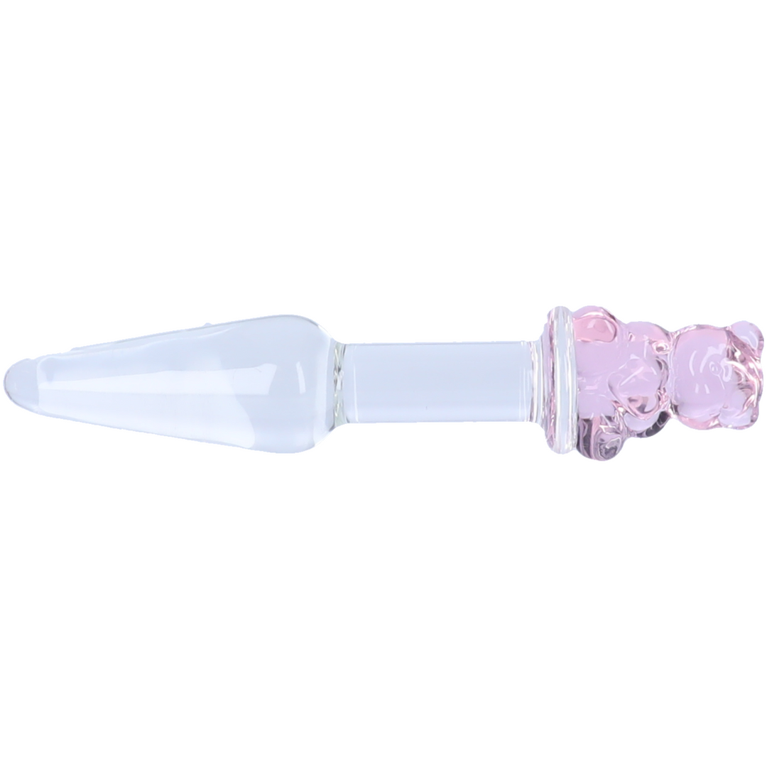 clear tapered glass plug with pink bear