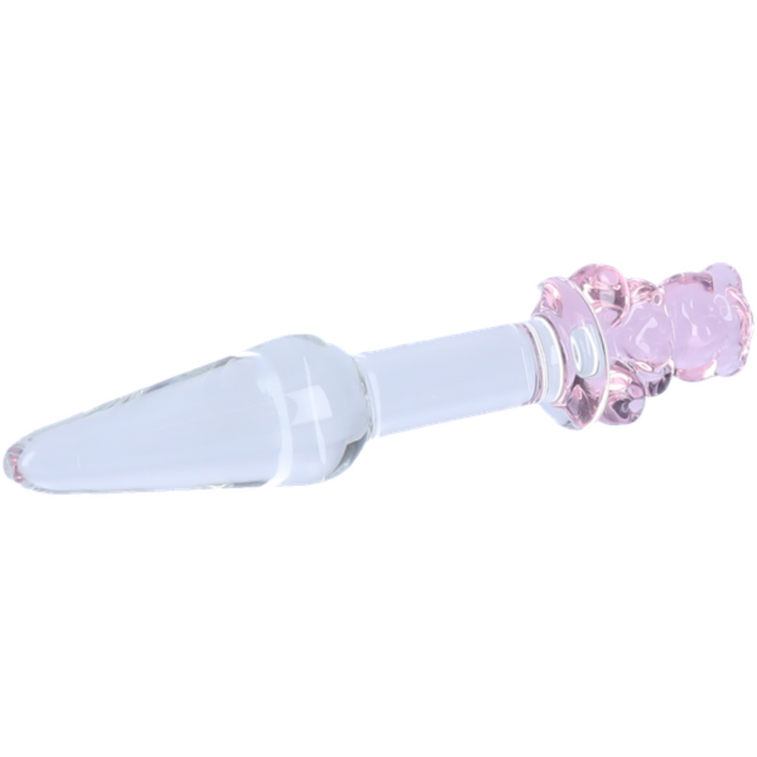 clear tapered glass plug with pink bear