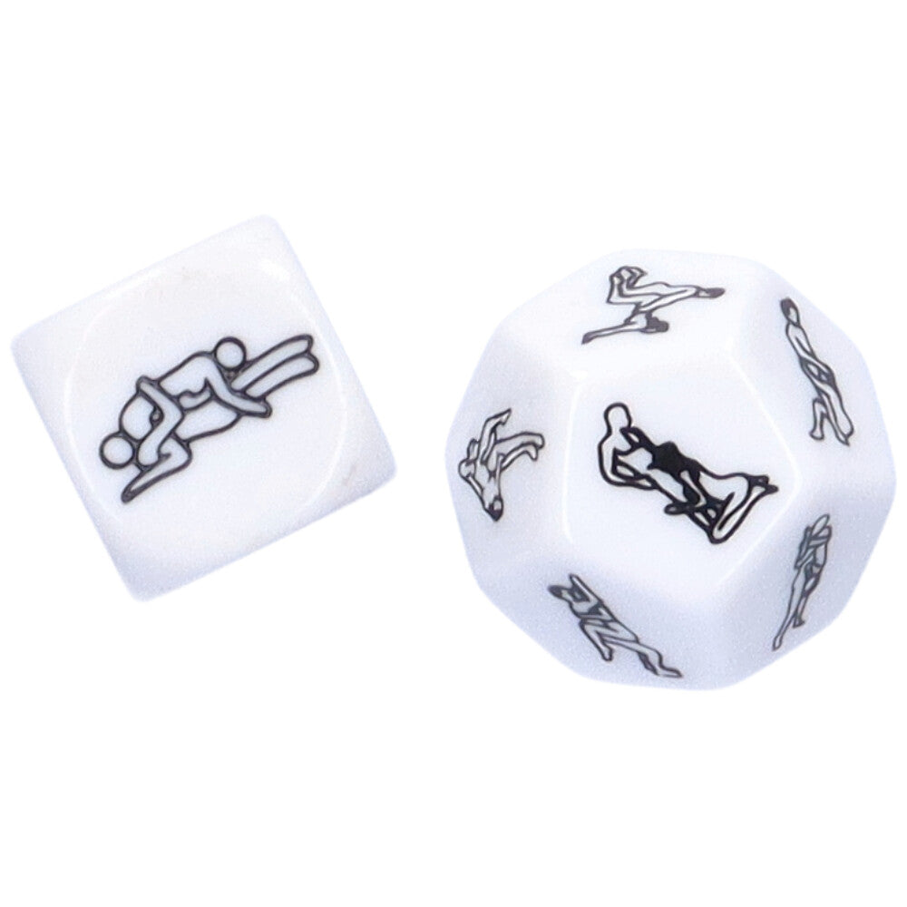 Alternate view of a pair of white and black dice showing various sex position illustrations on each face.