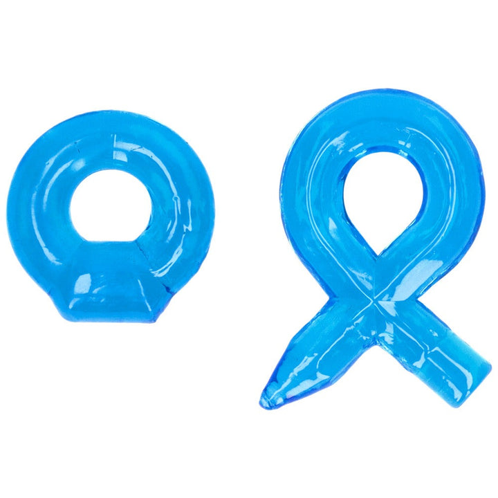 Bird's eye view of thick blue jelly cock ring set.