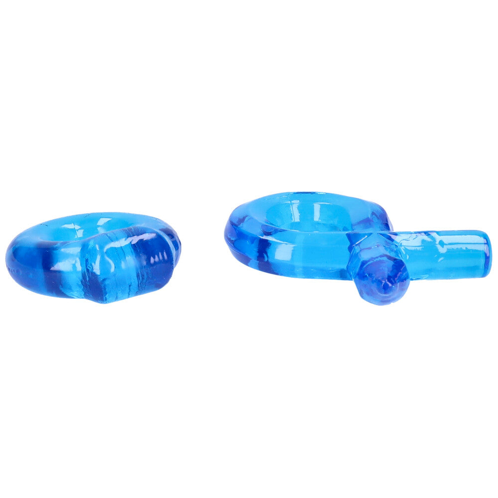 Side view of thick blue jelly cock ring set.