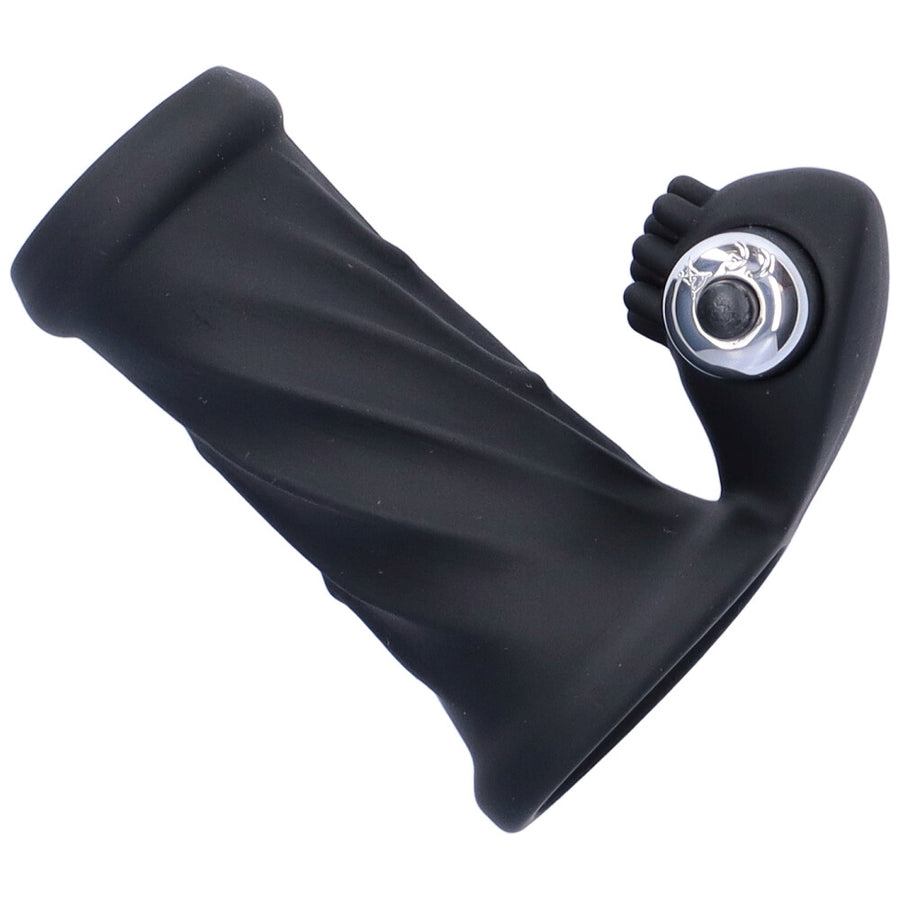 Side view of black vibrating silicone cock cage.