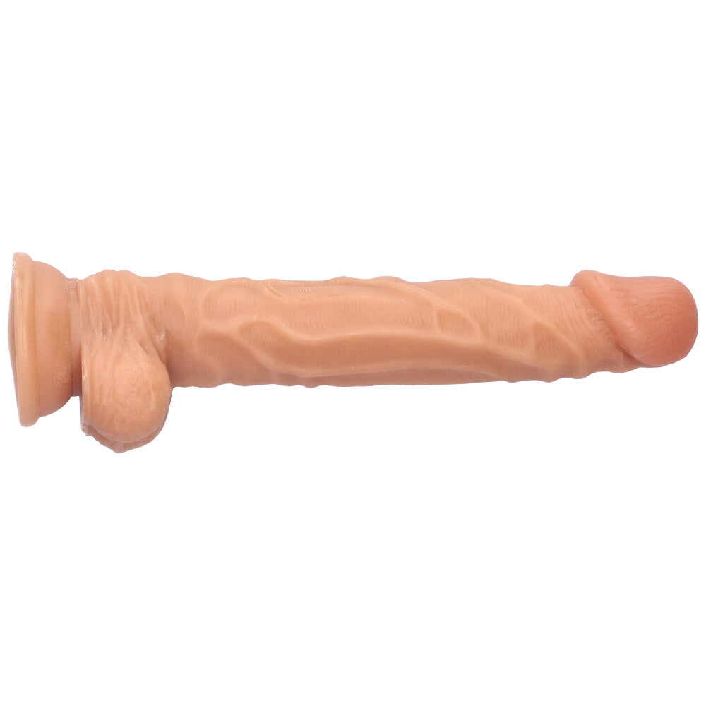 Side view of 9 inch realistic suction cup dildo.