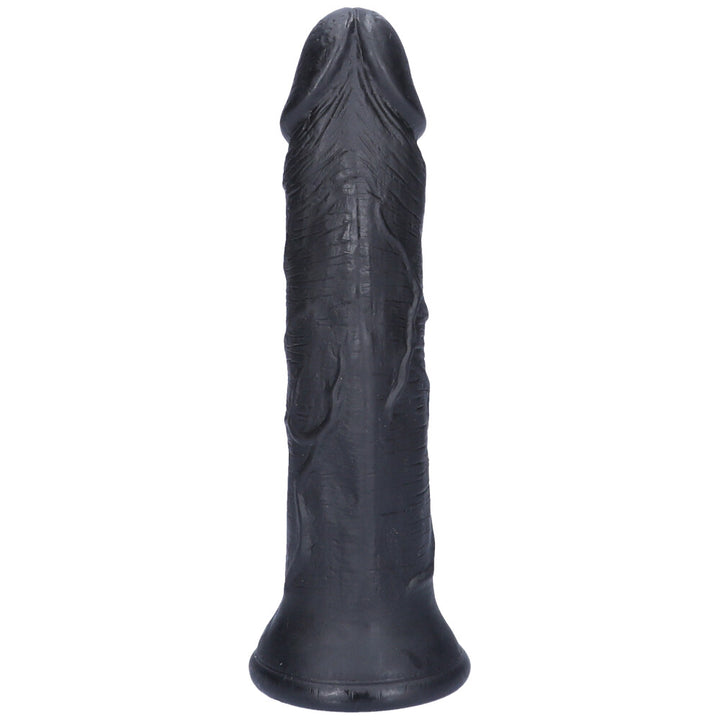 Bottom view of black 7 inch veiny suction cup dildo.