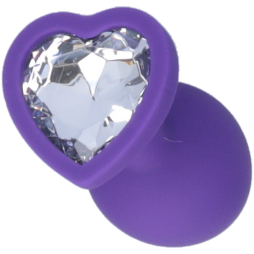 Picture of the purple butt plug, showing the clear heart jewel.