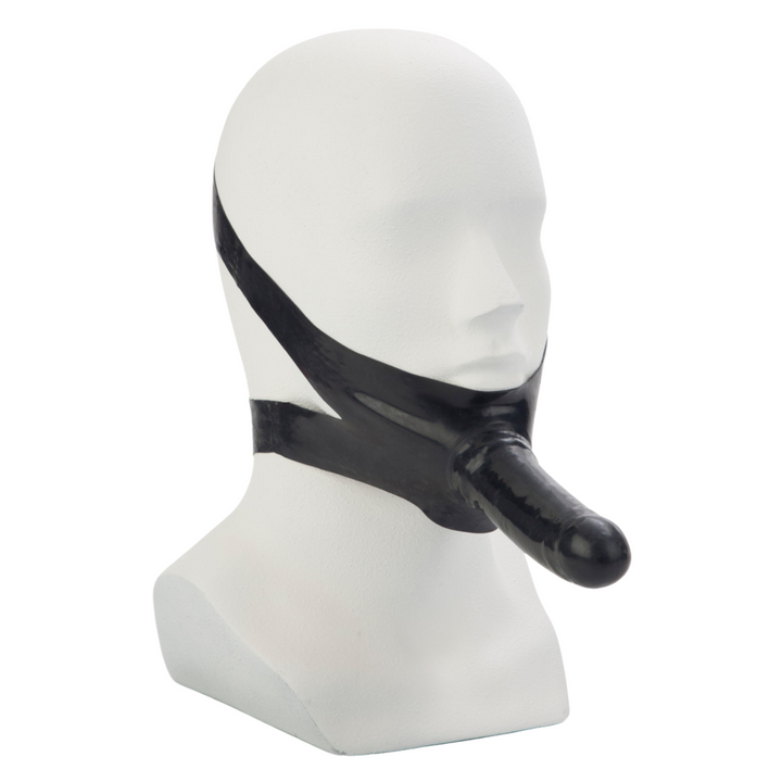 Black Chin Strap Dildo on a mannequin head