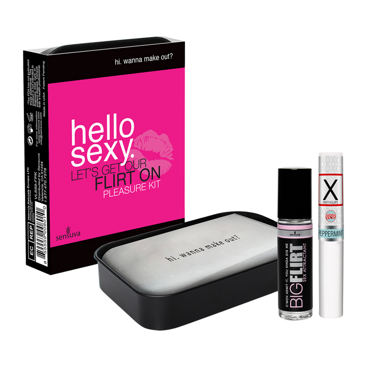 Image of the Hello Sexy Let's Get Our Flirt On Tingling Pleasure Kit. This foreplay enhancing kit for couples includes a sexy kissing guide, tingling lip balm, and roll on pheromone infused sex attractant perfume.