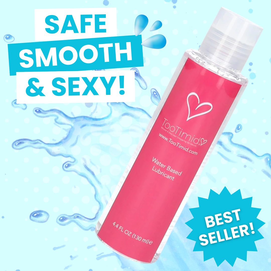 SAFE, SMOOTH, AND SEXY! 4.4 fl oz TooTimid water-based lubricant bottle with water-splash in the background