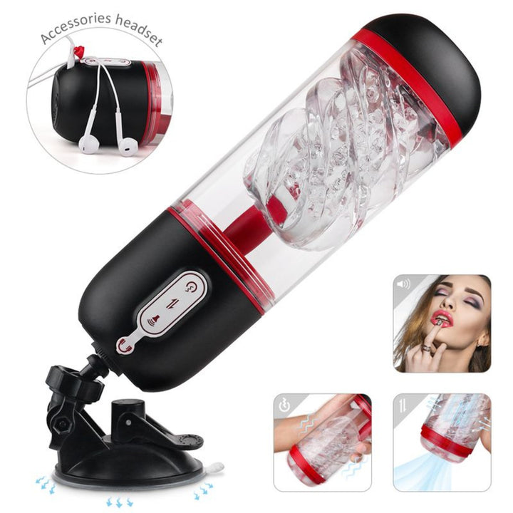 Black and red Vibrating/Sucking Masturbator w/ Voice Mode and suction cup base