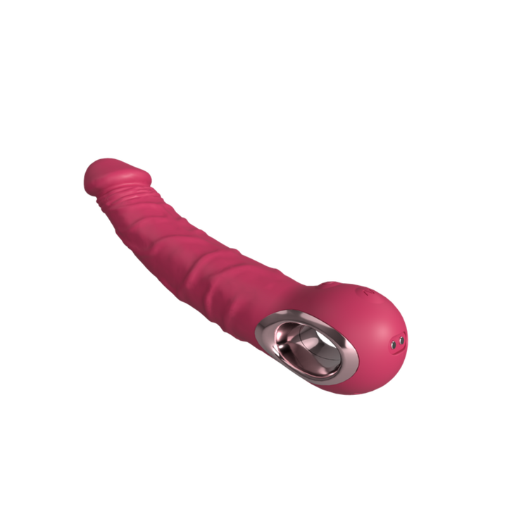 Side view of the silicone vibrating dildo laying down showing the veined textured shaft.