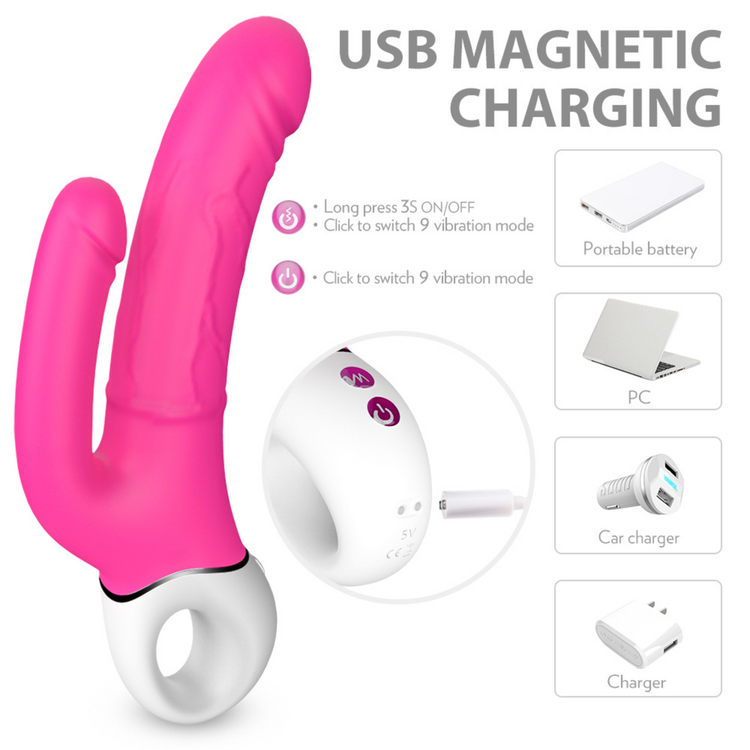 Pink Double Penetrator vibration with magnetic charging base