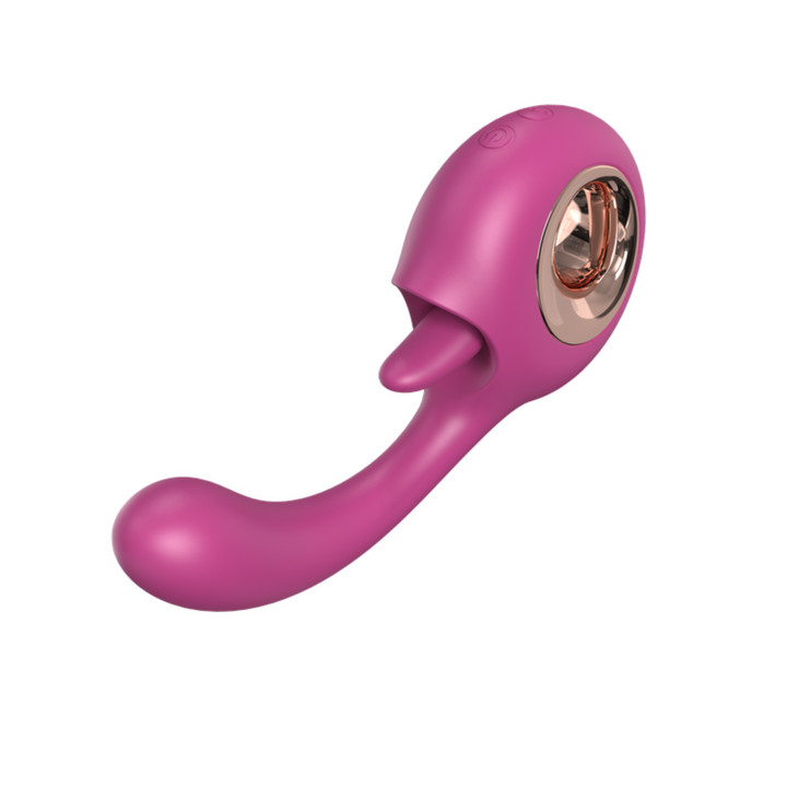 Front view of Pink dual action G spot and clit licking vibrator