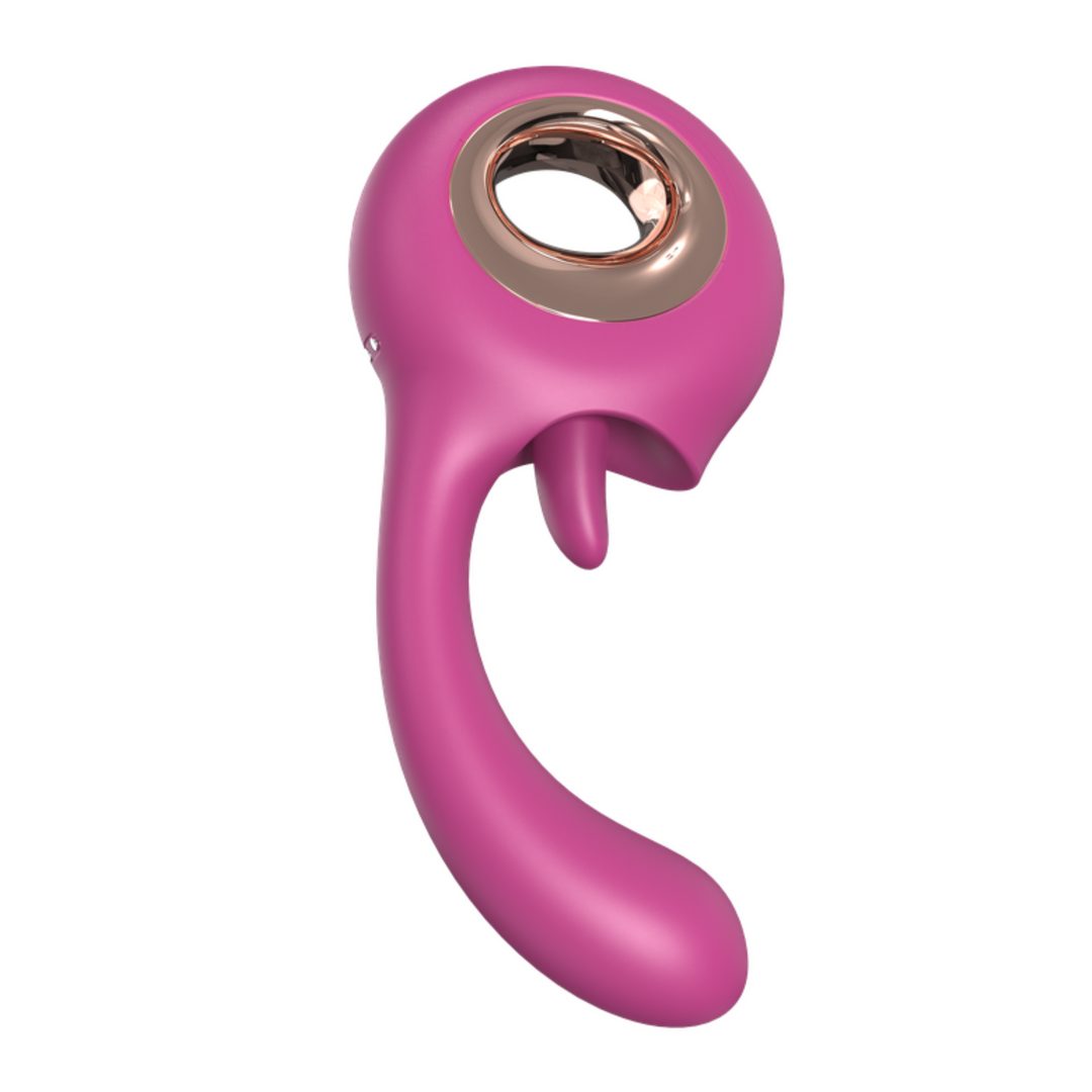 Side view of Pink dual action G spot and clit licking vibrator